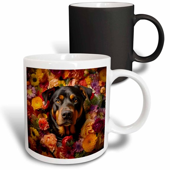 3drose, Rottweiler Dog with Floral Background, 11oz Magic Transforming Mug
