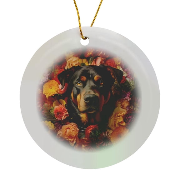 3drose, Rottweiler Dog with Floral Background, Circle Porcelain Ornament