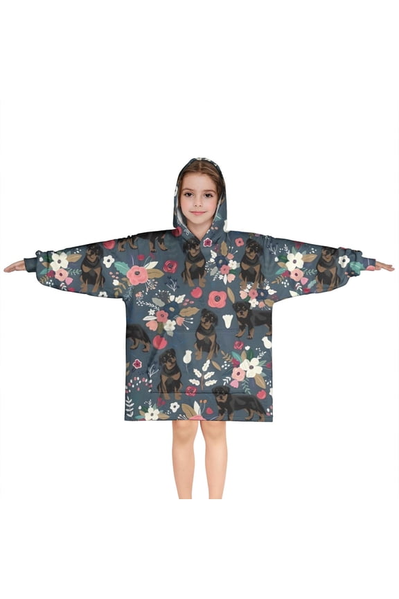 Rottweiler Dog and Flower Floral Blanket Hoodies for Kids 6-13YR Oversize Wearable Blanket Hoodies for Boys Girls Teens