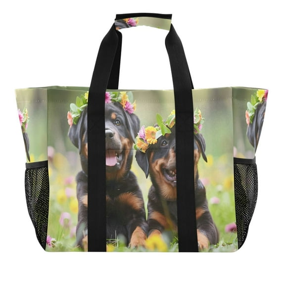 Rottweiler Dog in Flower Reusable Grocery Bags with Handle Side Pocket Waterproof Shopping Portable Tote