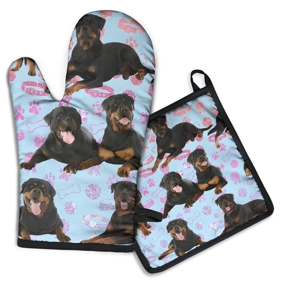 Rottweiler Dogs Kitchen Oven Mitt and Pot Holder Sets 2 Pcs for Baking, Cooking and Grilling, Heat Resistant Up To 392 °F