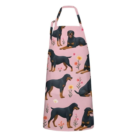 Rottweiler Dogs with Pioneer Flower Apron-Garden Aprons for Women with Pockets-Cotton Linen Waterproof Kitchen Cooking Gardening Aprons Adjustable for Kitchen,Cooking,BBQ and Salon 33x27 Inch