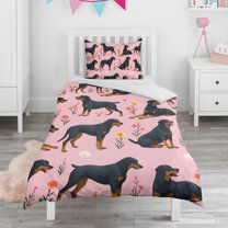 Rottweiler Dogs with Flowers Duvet Cover and Pillowcase Set for Single Bedding, Bedroom Accessories for Kids Teens