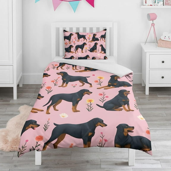 Rottweiler Dogs with Flowers Duvet Cover and Pillowcase Set for Single Bedding, Bedroom Accessories for Kids Teens