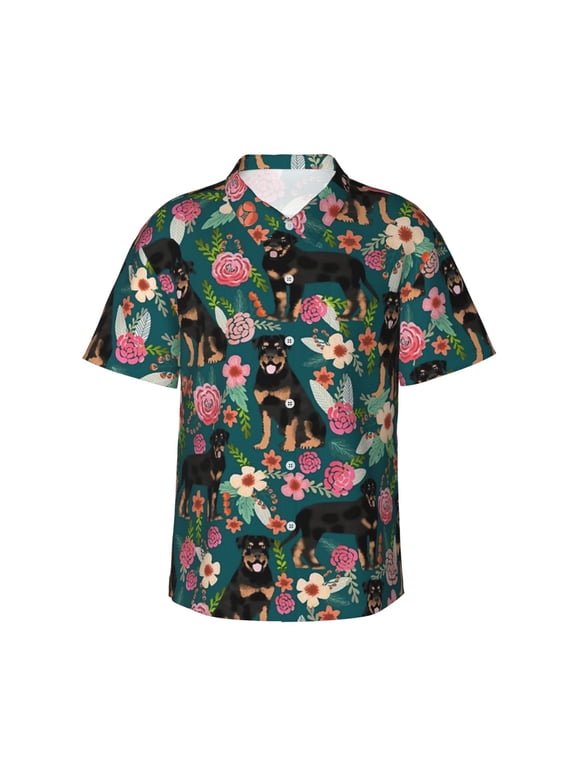 Rottweiler Floral Dog Men'S 3d Print Casual Button Down Shirts, Novelty Hawaiian Short Sleeves Xl
