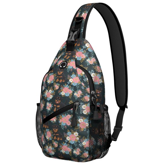 Rottweiler and Flowers Black Pattern Sling Backpack, Unisex Hiking Chest Pack with Side Mesh Pockets, Adjustable Ambidextrous Strap Gift Ideas for Holiday Birthday Gifts