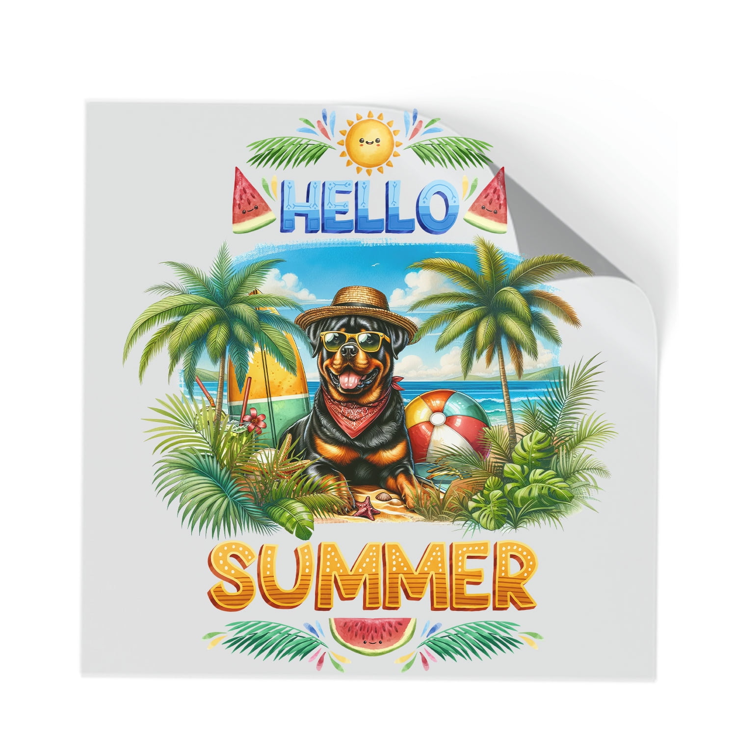Rottweiler Hello Summer with Sunglasses and Surfboard Tropical Vibes ...