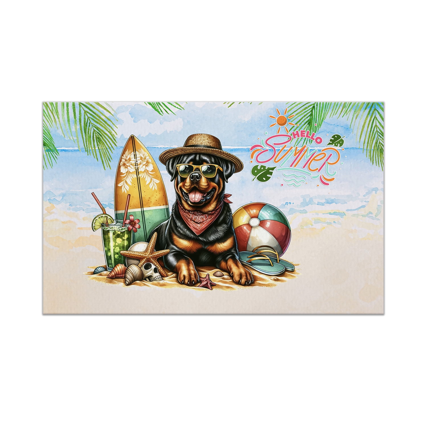 Rottweiler Hello Summer with Sunglasses and Surfboard Tropical Vibes ...