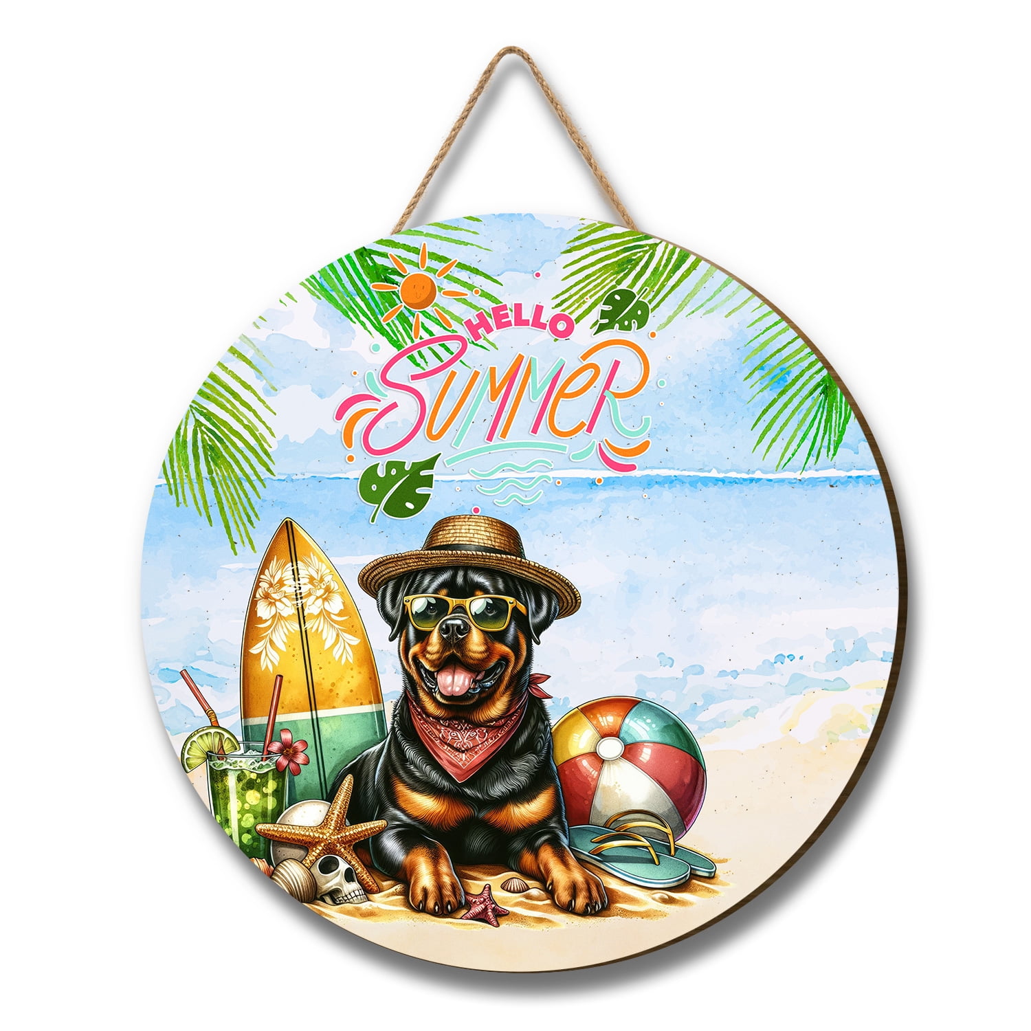 Rottweiler Hello Summer with Sunglasses and Surfboard Tropical Vibes ...