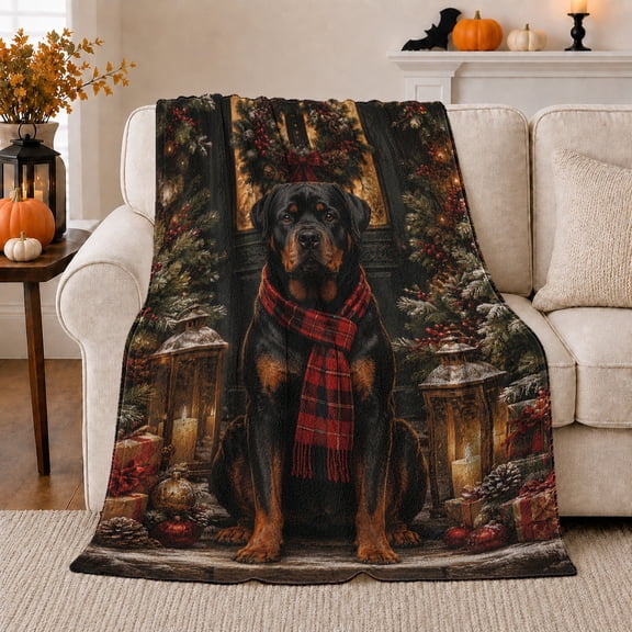 Rottweiler by Lanterns and Christmas Greenery, Warm Rustic Style for Rottweiler Lovers, Holiday Dog Portrait and Christmas Gift, Cozy Flannel Blanket for Living Room and Bedroom, Home Decor