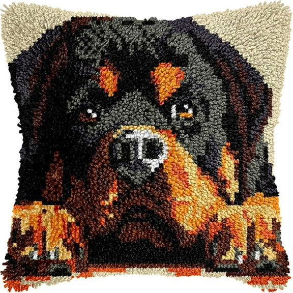 Rottweiler Latch Hook Kits Pillow DIY Rug Crochet Hook Cushion Making Kits with Preprinted Pattern Canvas Instruction Yarns Pillow Cover Easy Starter DIY Crochet Kits 43x43cm de44)