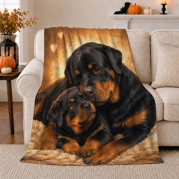 Rottweiler Parent Puppy Heart, Cozy Pet Portrait Pattern, Warm Flannel Blanket for Living Room and Reading Nook, Dog Lovers Friendship Gift, Pet Lover Home Decor