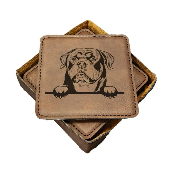 Rottweiler Peek-a-Boo Coasters - Handmade Coasters Set of 6 - Engraved Barware Decorations - Leather Bar Decor - Man Cave Father's Day Present