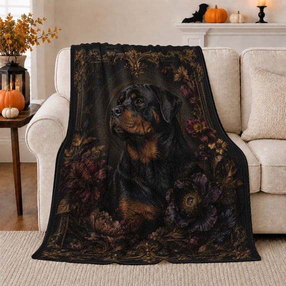 Rottweiler Portrait Dog, Peaceful Pet decorative motif Scene, Warm Flannel Blanket for Living Room and Bedroom with Detailed Artwork, Animal Lovers person's Day Gift, Artistic Home Decor
