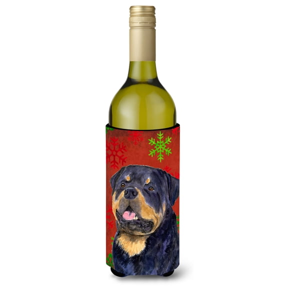 Rottweiler Red and Green Snowflakes Holiday Christmas Wine Bottle Hugger