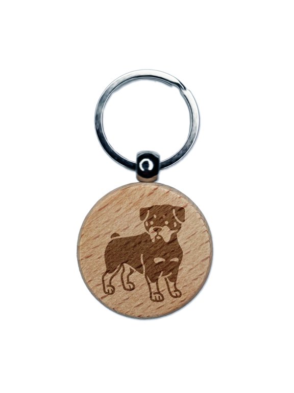 Rottweiler Rottie Standing Dog Round Keychain Charm Tag - Engraved Wood