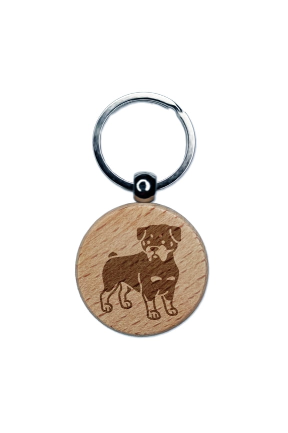 Rottweiler Rottie Standing Dog Round Keychain Charm Tag - Engraved Wood