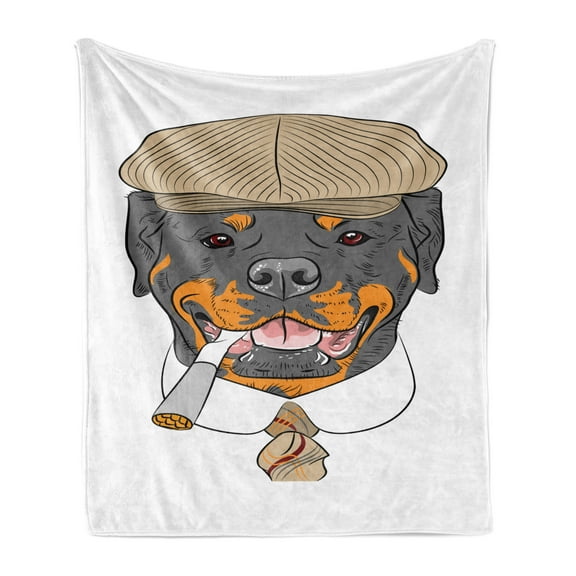 Rottweiler Soft Flannel Fleece Blanket, Funny Gentleman Hipster Dog in a Brown Cap with a Tie and a Cigarette Portrait, Cozy Plush for Indoor and Outdoor Use, 70" x 90", Multicolor, by Ambesonne