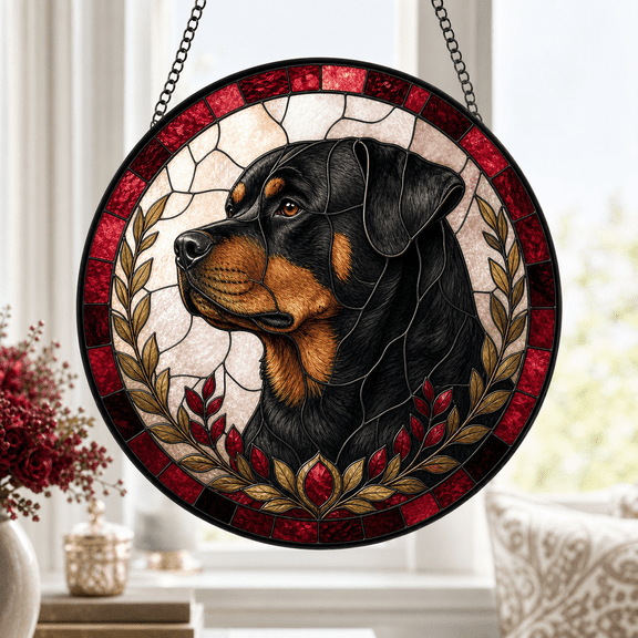 Rottweiler Stained Glass Suncatcher Ruby Mosaic Portrait Window Hanging Gift