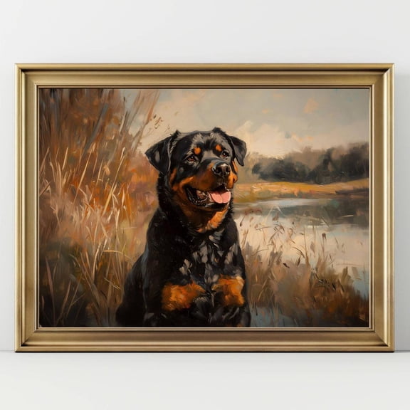 Rottweiler Wall Art Rustic Dog Portrait Print Loyal Pet Painting Country Landscape Dog Decor Gift For Rottweiler Lover Art