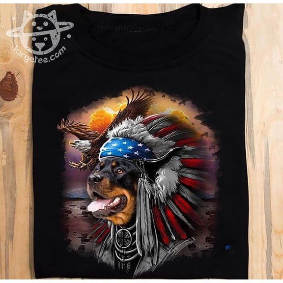 Rottweiler Warrior with War Bonnet Eagle American Flag 4th of July