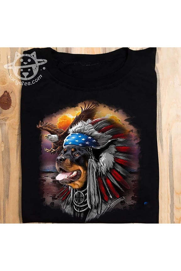 Rottweiler Warrior with War Bonnet Eagle American Flag 4th of July