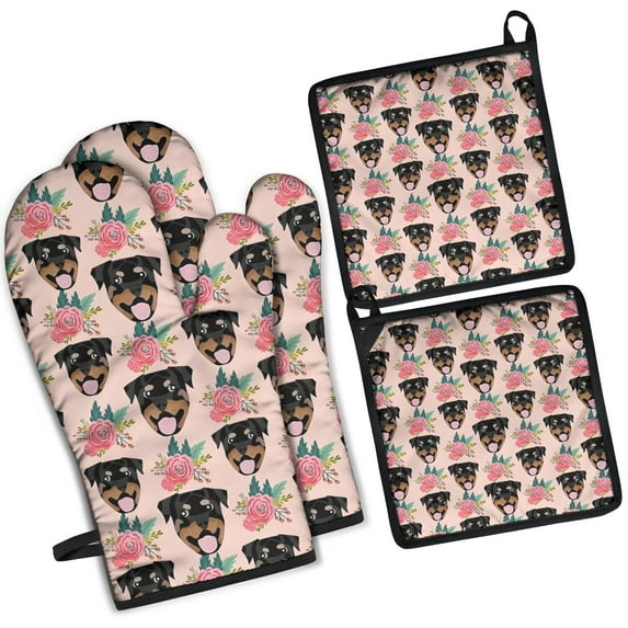 Rottweiler and Flower Kitchen Oven Mitt and Pot Holder Sets 4 Pcs for Baking, Cooking and Grilling, Heat Resistant Up To 392 °F