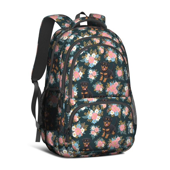 Rottweiler and Flowers Black Pattern Backpack for School, Cute School Bag with Adjustable Shoulder Straps and Padded Back, 16.9"x12.6"x5.9"