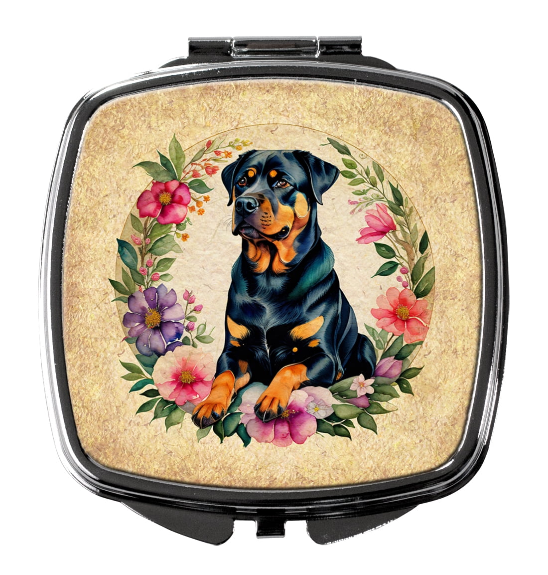 Rottweiler and Flowers Compact Mirror 2.75 in x 3 in