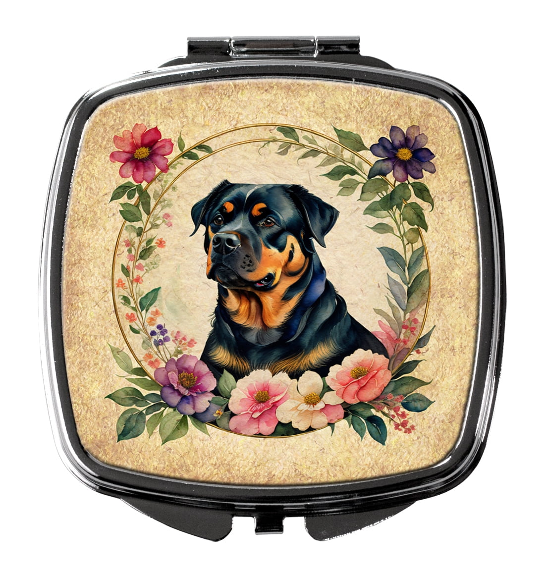 Rottweiler and Flowers Compact Mirror 2.75 in x 3 in