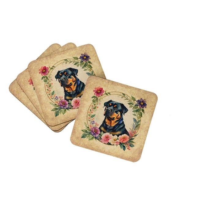Rottweiler and Flowers Foam Coaster Set of 4 3.5 in x 3.5 in