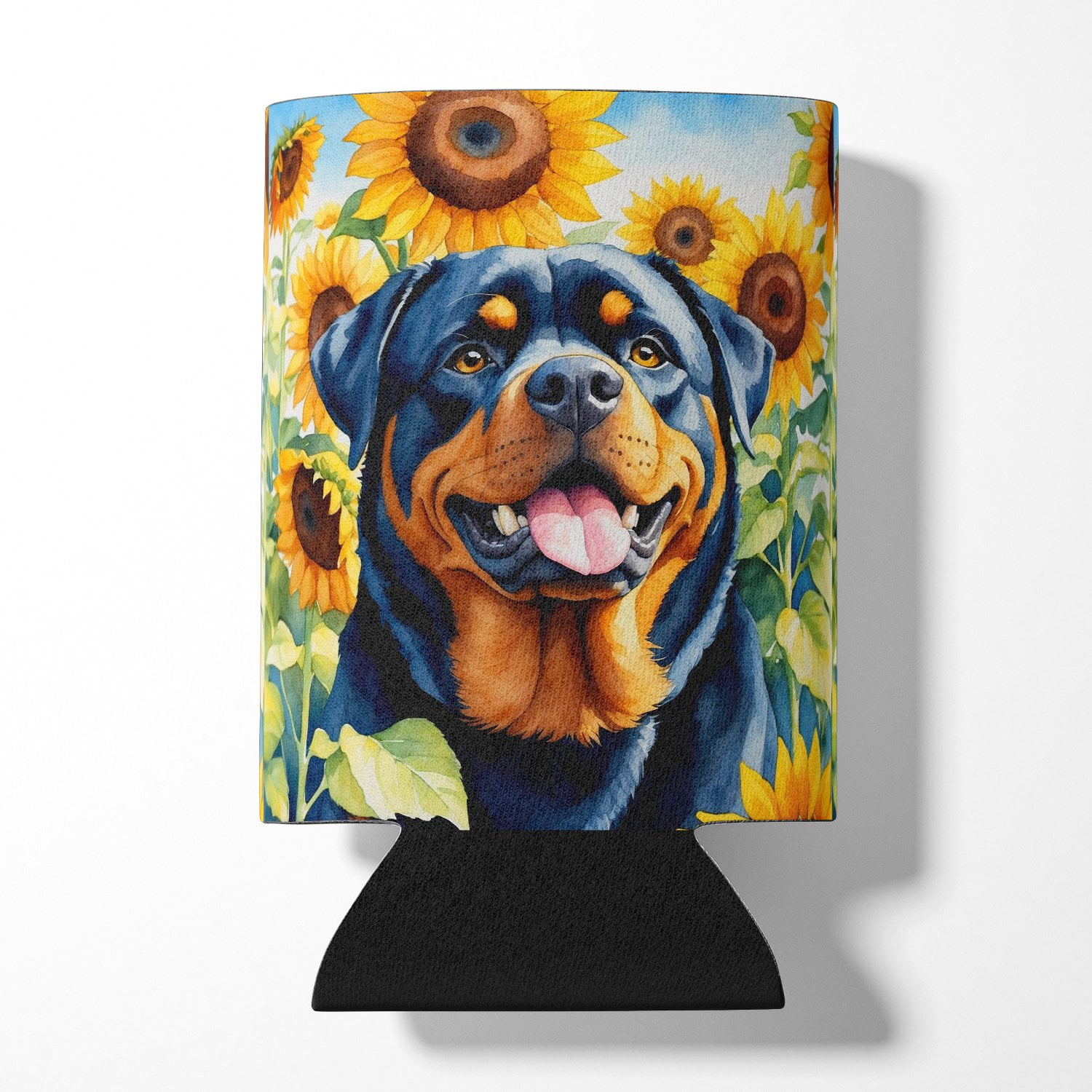Rottweiler in Sunflowers Can or Bottle Hugger 3 in x 5 in