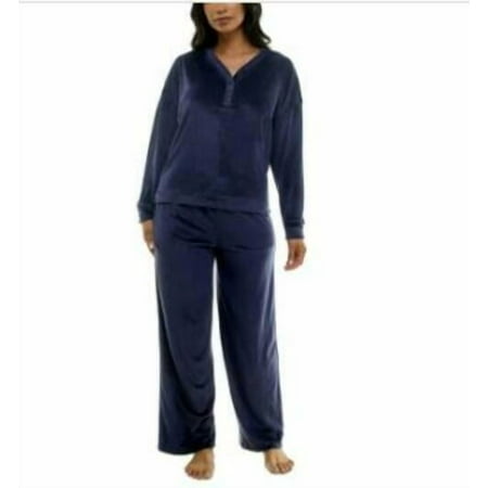 Roudelain Women's Blue Long-Sleeve Ribbed Velour Pajama Set L