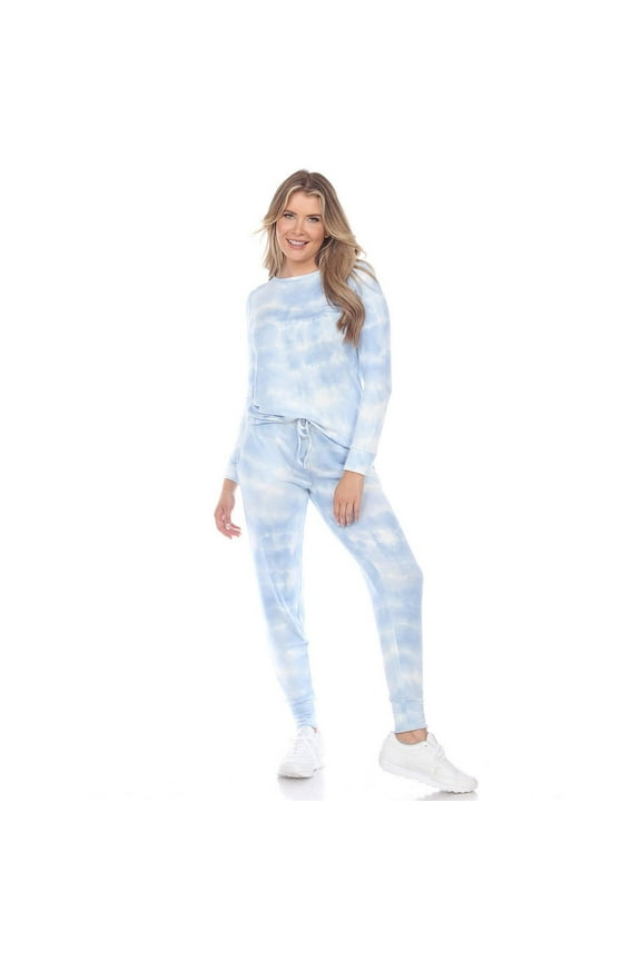 Womens Drop Shoulder Hoodie and Slim Leg Pant Lounge Set,Delicate Tie Dye White,Large