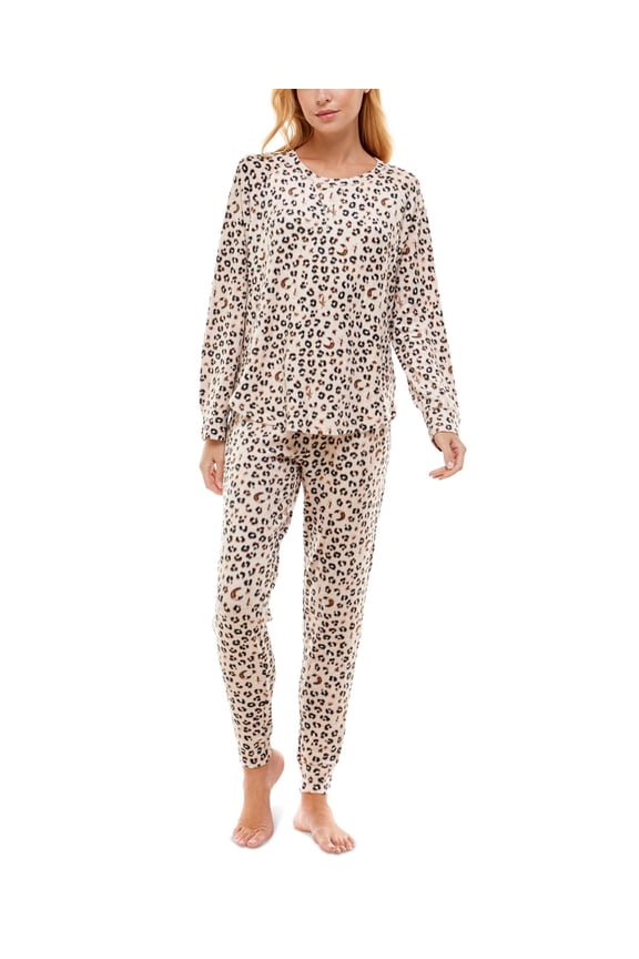 Womens Fuzzy Luxe Lounge Set,Zodiac Leopard Crystal Gray,Large