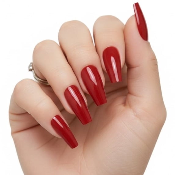 Red Press On Nails, Extra Long Tips Coffin Ballerina Artificial Fake Nails Set, Rouge Radiance