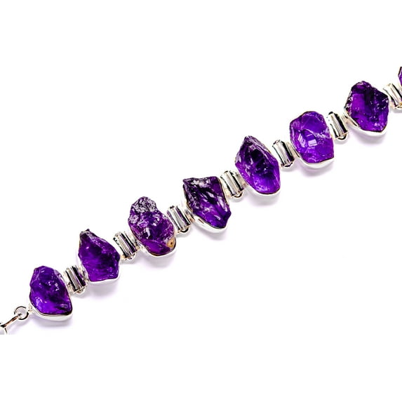 Rough Amethyst Bracelet 6 3/4 To 8" (925 Sterling Silver) - Handmade Boho Vintage Jewelry BR90041