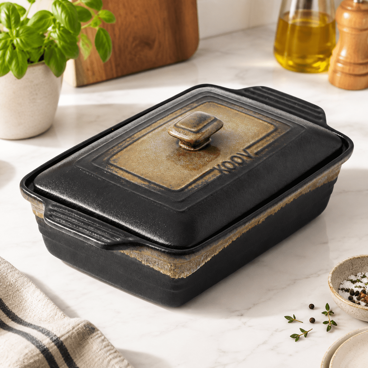 Rough Black Rectangular Ceramic Casserole Dish With Lid 9x13 Inch ...