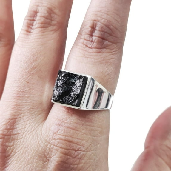 Rough Black Tourmaline Mans Ring, Natural Square Black Tourmaline, Silver Jewelry, 925 Silver Ring, Birthday, Heavy Mens Ring, Arabic Design, Ottoman Style Ring, Christmas, Turkey Mens Signet Ring