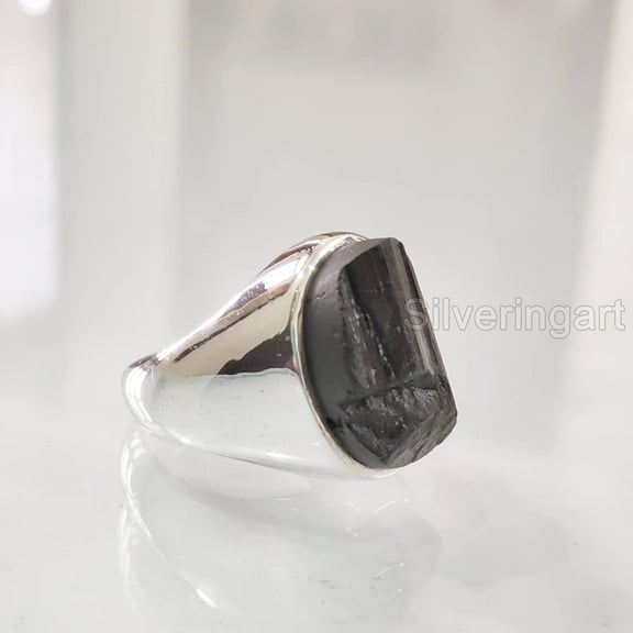 Rough Black Tourmaline Mens Ring, Natural Black Tourmaline, Silver Jewelry, 925 Silver Ring, Birthday Gift, Heavy Mens Ring, Arabic Design, Ottoman Style Ring, Christmas, Turkey Mens Signet Ring