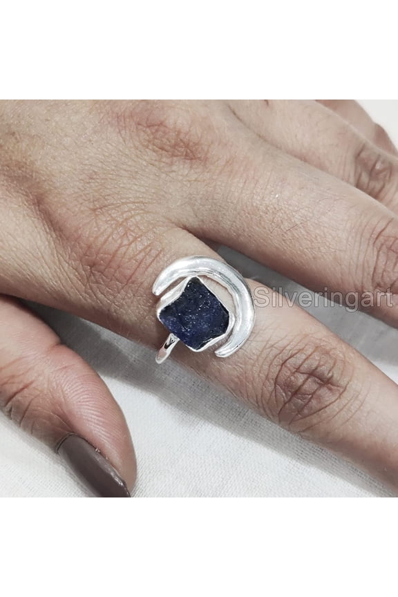 Rough Blue Sapphire Ring, September Birthstone, Crescent Moon Adjustable Ring, 925 Sterling Silver, Womens Ring, Christmas, Thanksgiving, Handmade, Statement Jewelry, Rough Gemstone Jewelry