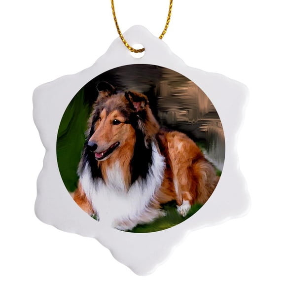 3drose, Rough Collie, 3 inch Snowflake Porcelain Ornament