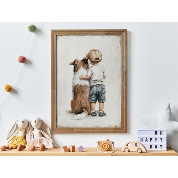 Rough Collie Nursery Decor Boy And Dog Wall Art, Unframed Canvas 16x20in