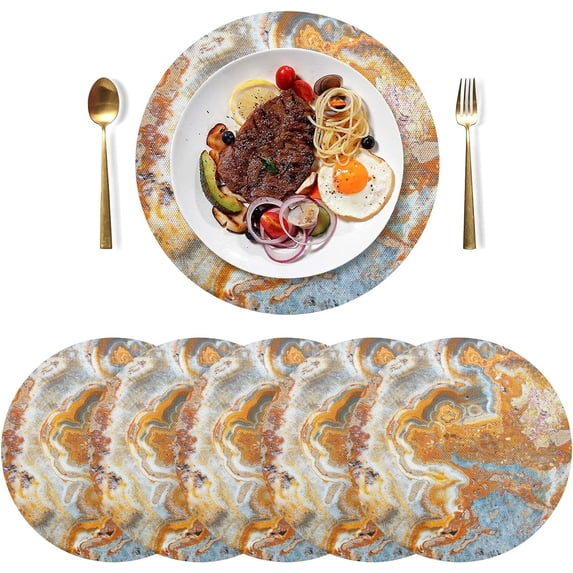 Rough Granite Stone Rock Round Place Mats Set of 6, Heat Stain Insulation Table Mats Non-Slip Grid Woven Placemats 15.4 Inch for Kitchen Dining Table Holiday