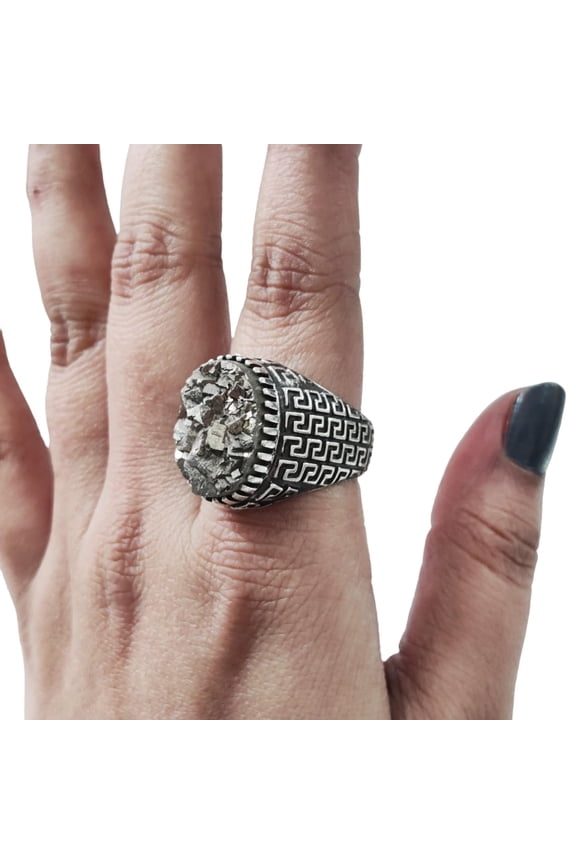 Rough Pyrite Mans Ring, Natural RAW Pyrite Gemstone Ring, Money Pyrite Birthstone, Silver Jewelry, 925 Silver Ring, Birthday Gift, Heavy Mens Ring, Arabic Turkish Ottoman Ring, Christmas, Signet Ring