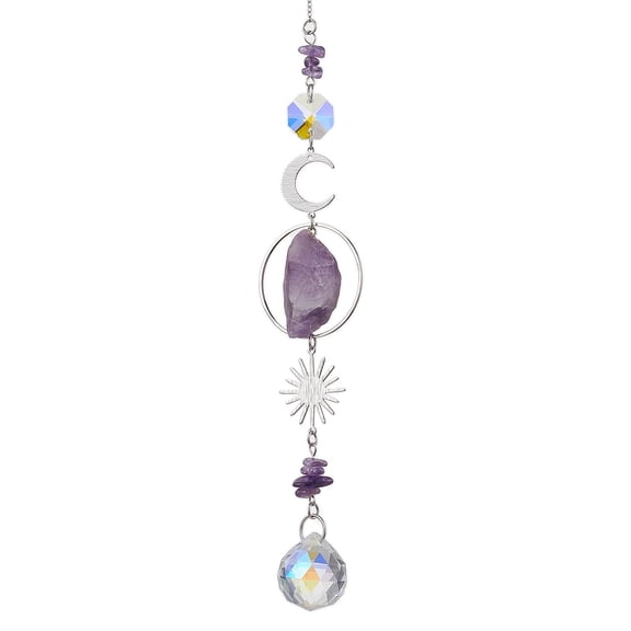 Rough Raw Natural Amethyst Hanging Ornaments Sun & Glass Teardrop Hanging Suncatcher 290mm