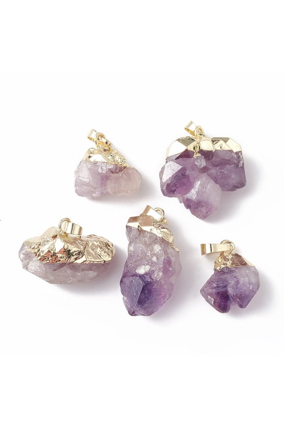 Rough Raw Natural Amethyst Pendants Nuggets Charms with Brass Snap on Bails Light golden 21~33x14~28x11~19mm Hole: 7x5mm