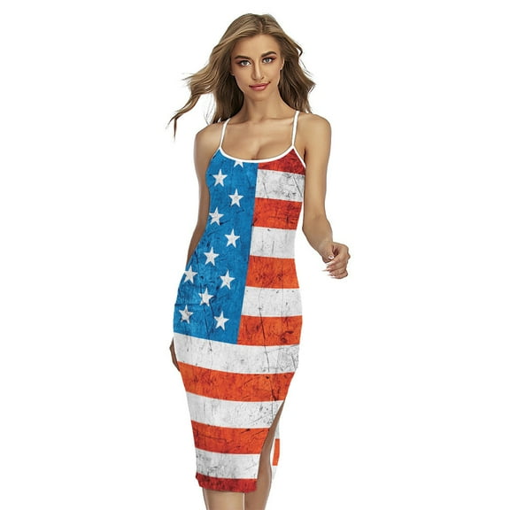 Rough Usa Flag Printed Cross Back Cami Dress, American Flag Fashion Summer Maxi Sexy Casual Dress For Women. Gifts For Us Independence Day, 4Th Of July