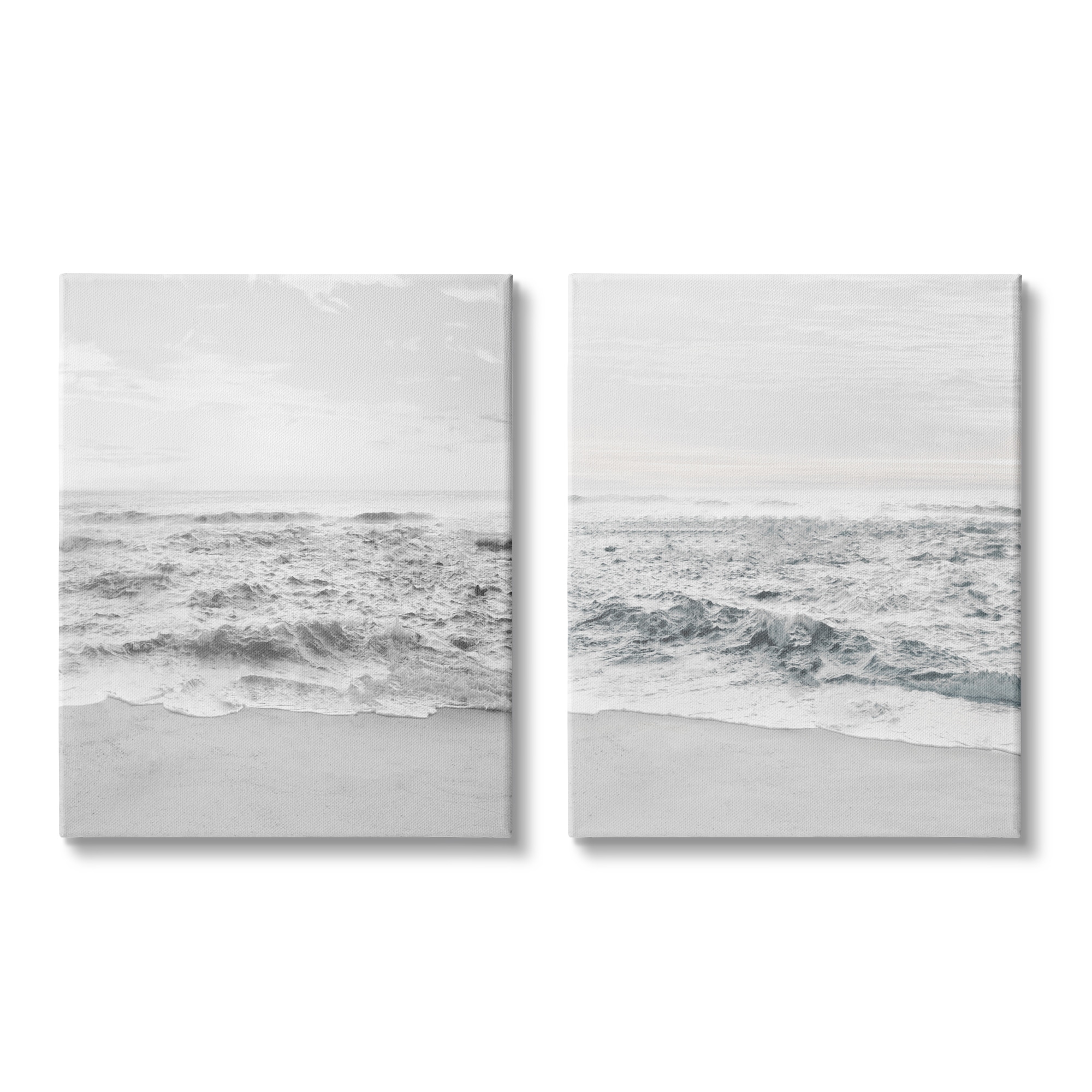Rough White Shoreline Beach Waves Foggy Sky Coastal Photograph Gallery-Wrapped Canvas Print Wall Art, Set Of 2