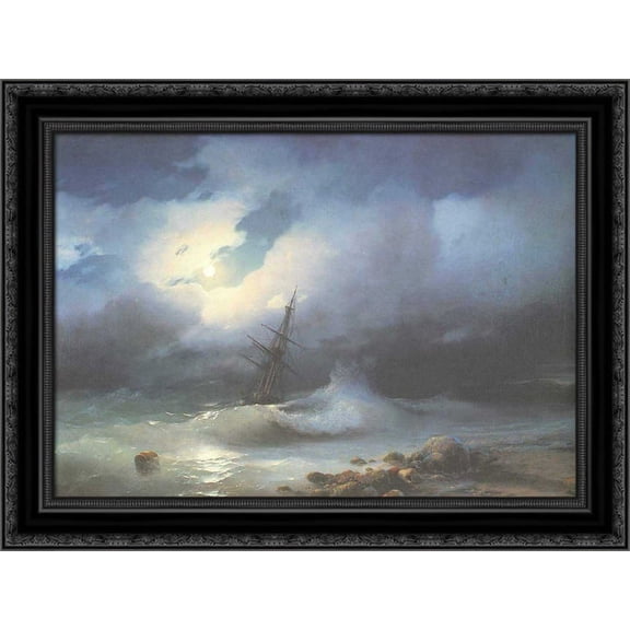 Rough sea at night 24x20 Black Ornate Wood Framed Canvas Art by Aivazovsky, Ivan